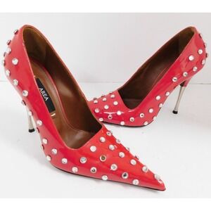 AREA Red‎ Patent Leather Clear Jeweled Pointed Toe Pumps $685rt Italy sz 37 NEW